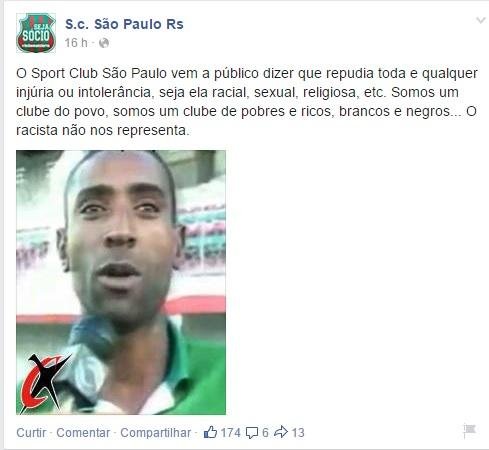 Clube afirma que n&atilde;o tolera preconceito racial, sexual, religioso ou qualquer outro