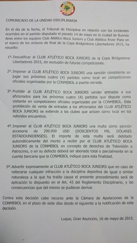 Comunicado da Conmebol relata puni&ccedil;&atilde;o ao Boca Juniors