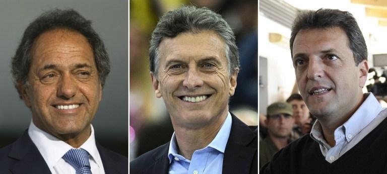 Candidatos da esquerda para a direita: Daniel Scioli, Mauricio Macri e  Sergio Massa