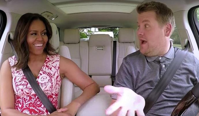 Michelle Obama cantou Stevie Wonder e Beyonc&eacute; no "Carpool Karaoke"