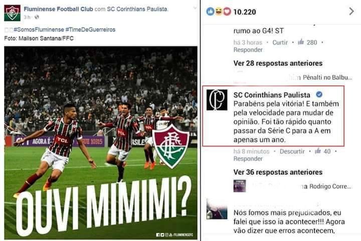Corinthians e Fluminense t&ecirc;m trocado provoca&ccedil;&otilde;es no Facebook