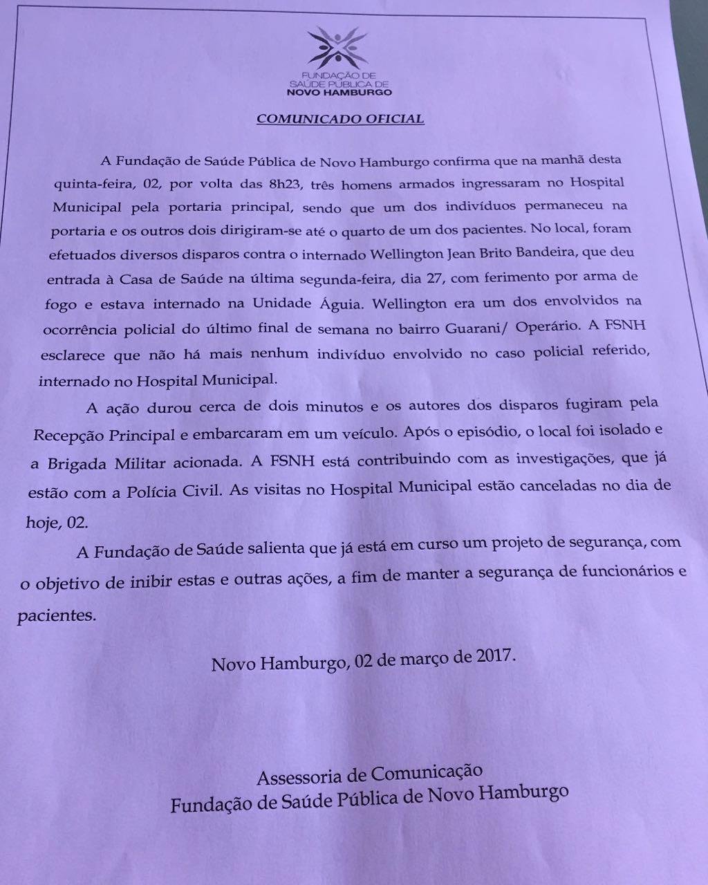 Paciente &eacute; executado dentro de hospital de Novo Hamburgo