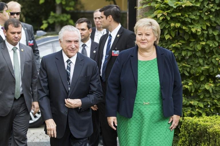 Primeira-ministra Erna Solberg e Michel Temer se reuniram durante visita do presidente a Noruega
