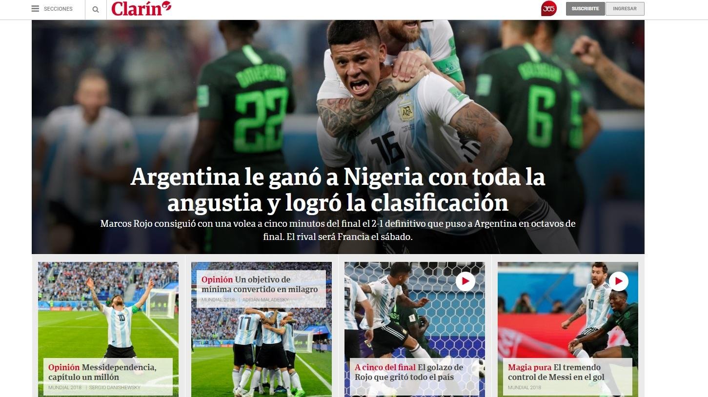 Capa do site Clar&iacute;n ao final da partida