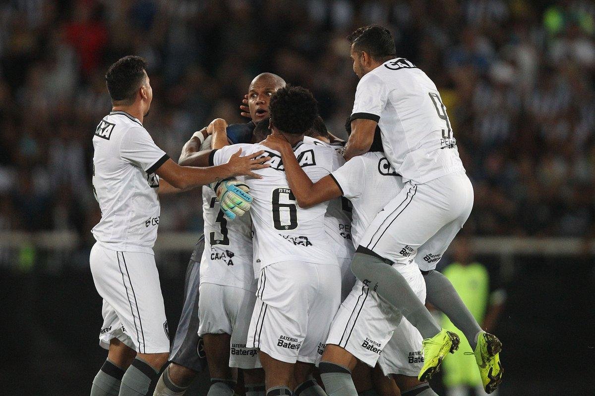 Jogadores do Botafogo comemoram gols com goleiro Jefferson