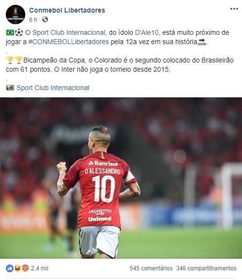 Inter est&aacute; pr&oacute;ximo de confirmar vaga na Libertadores 2019