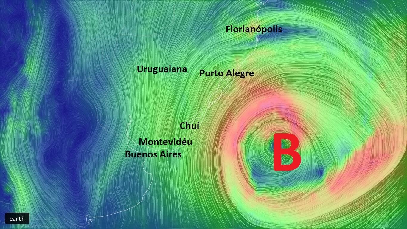 Ciclone se formar&aacute; em fun&ccedil;&atilde;o de um sistema de baixa press&atilde;o, indicado com a letra B na imagem, e dever&aacute; atingir a costa do Uruguai e do Rio Grande do Sul neste s&aacute;bado
