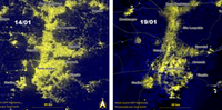 Imagem da direita mostra contraste de áreas na escuridão após o temporal