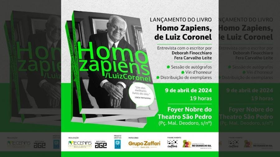 Card do lan&ccedil;amento do livro "Homo Zapiens", de Luiz Coronel, no dia 9 de abril, no Theatro S&atilde;o Pedro