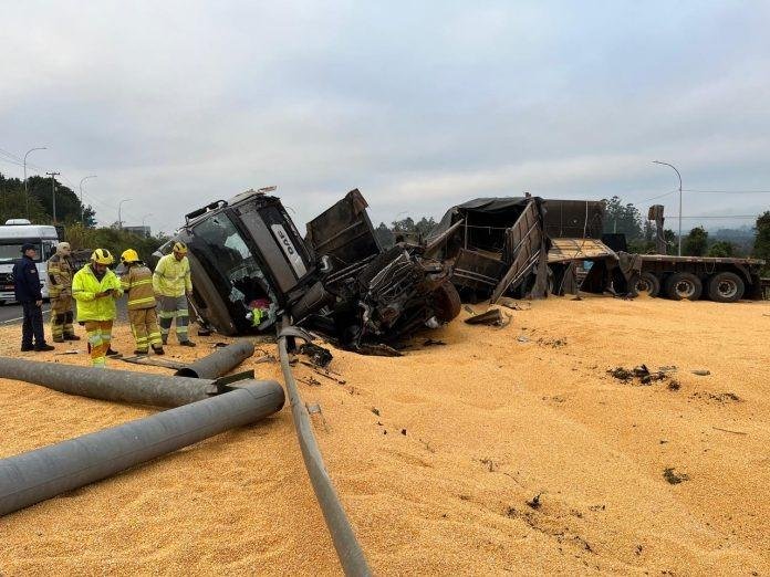 Gr&atilde;os de milho ficaram espalhados pela BR 386