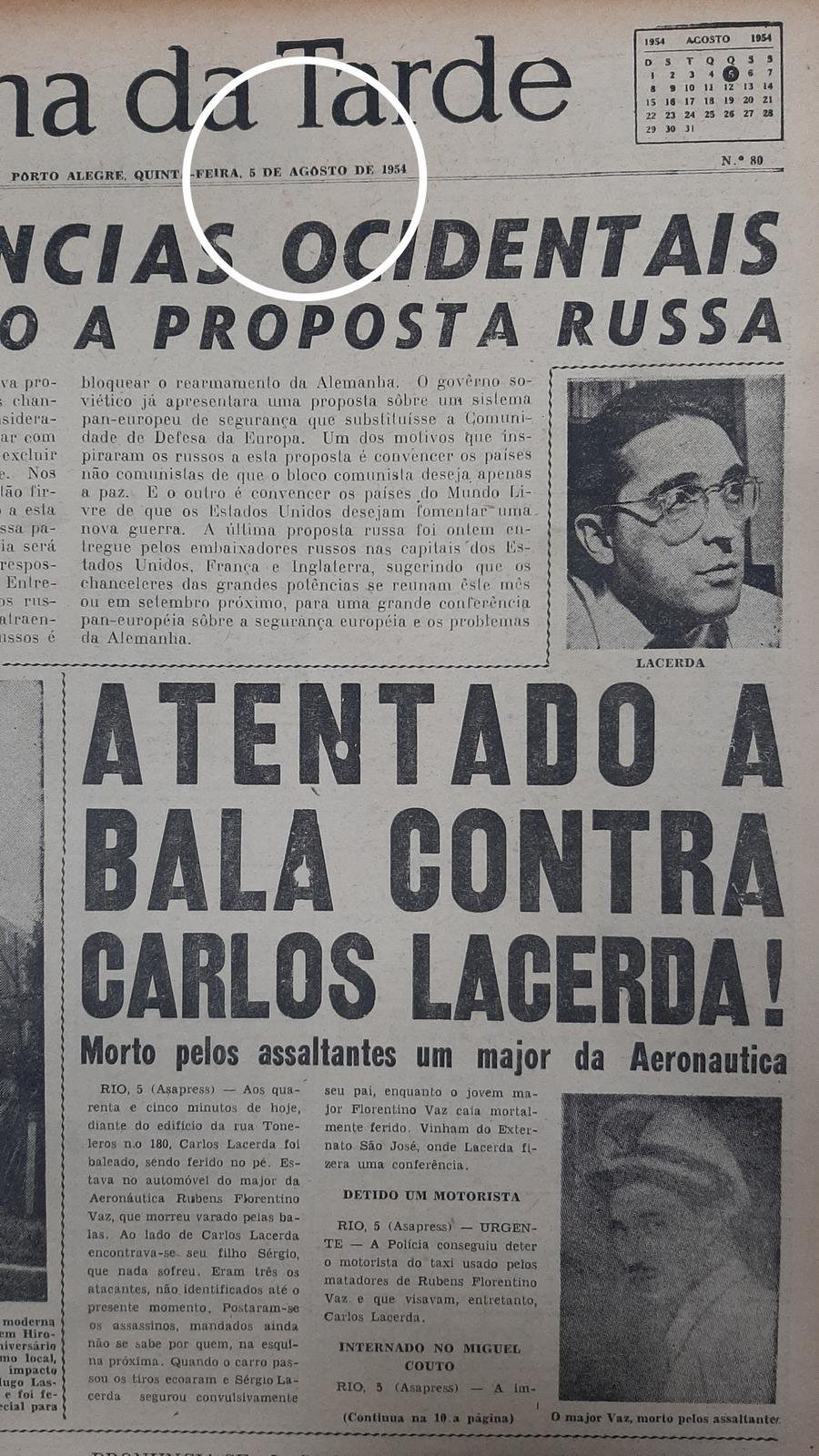 Capa da Folha da Tarde de 5 de agosto de 1954