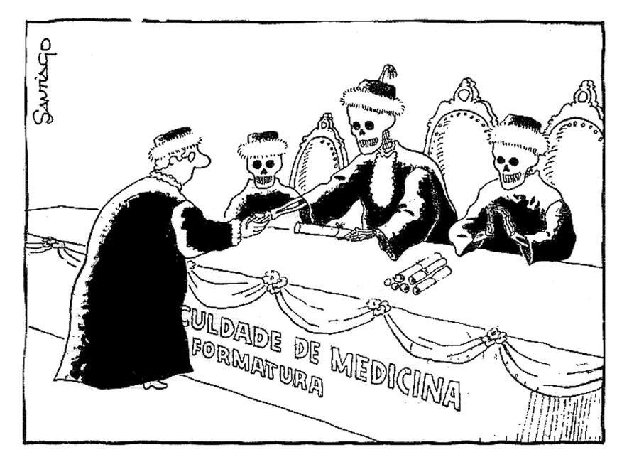 A turma de 1975 escolheu como paraninfo o professor Sarmento Leite, falecido 40 anos antes. Os homenageados eram todos mortos. Na Folha da Tarde, o cartunista Santiago satirizou o epis&oacute;dio