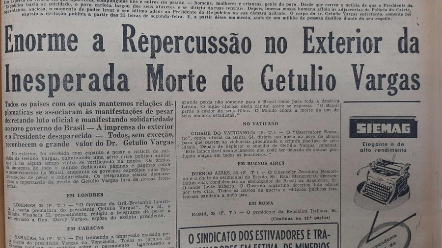 Folha da Tarde de agosto de 1954 retrata a repercuss&atilde;o da morte de Get&uacute;lio Vargas