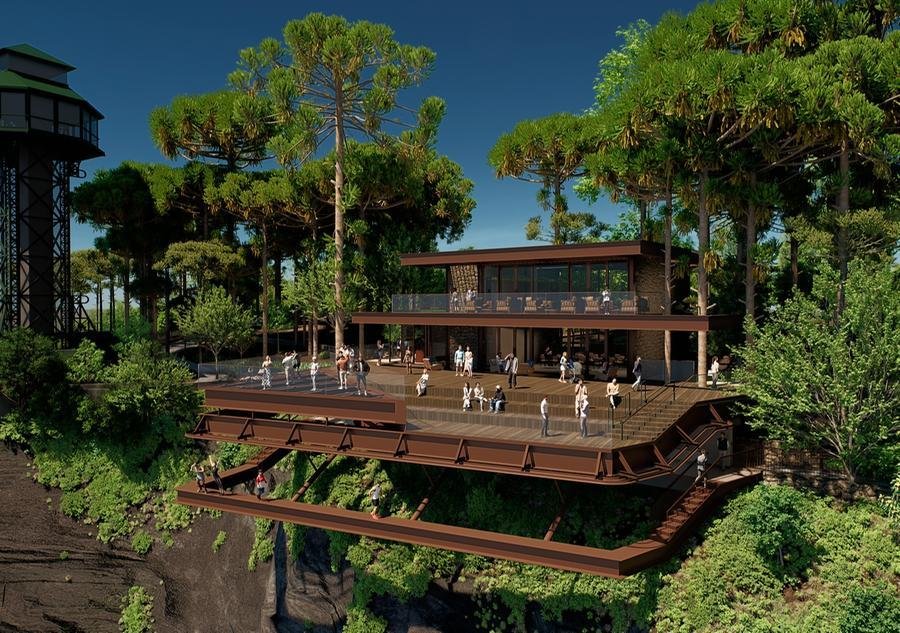 Projeto de mirante em frente a Cascata do Caracol, com estrutura suspensa de 49 metros