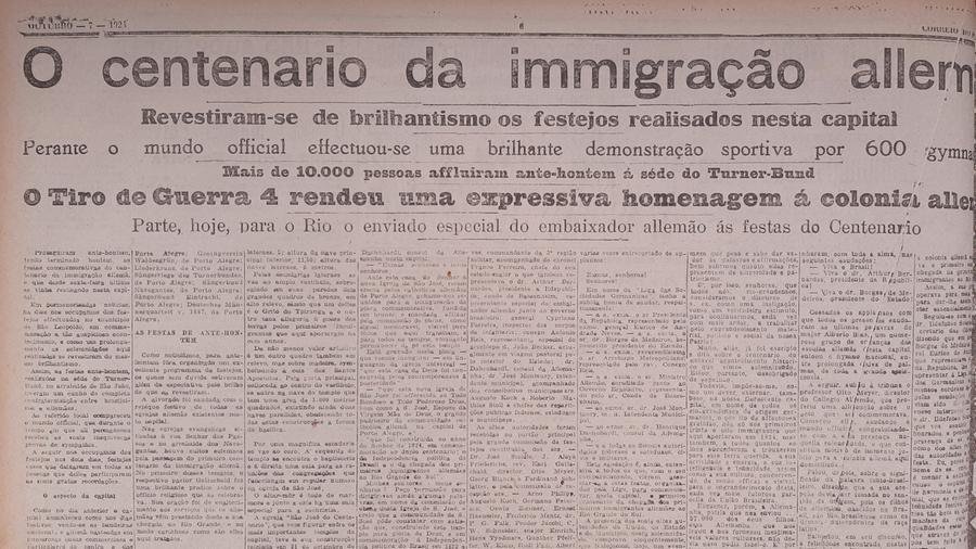 As celebra&ccedil;&otilde;es do primeiro centen&aacute;rio da imigra&ccedil;&atilde;o alem&atilde; no Estado prosseguiam. Depois dos munic&iacute;pios do Vale dos Sinos e do interior, agora era a Capital que promovia festejos e certames dedicados &agrave; hist&oacute;ria da imigra&ccedil;&atilde;o e &agrave; contribui&ccedil;&atilde;o germ&acirc;nica ao Rio Grande do Sul. As festas em Porto Alegre aconteceram sobretudo no espa&ccedil;o do Turner-Bund ("sociedade gin&aacute;stica", progenitora da Sogipa) nos "arrabaldes de S&atilde;o Jo&atilde;o", atual bairro de mesmo nome, terreno que pertencia &agrave; associa&ccedil;&atilde;o alem&atilde; desde 1910