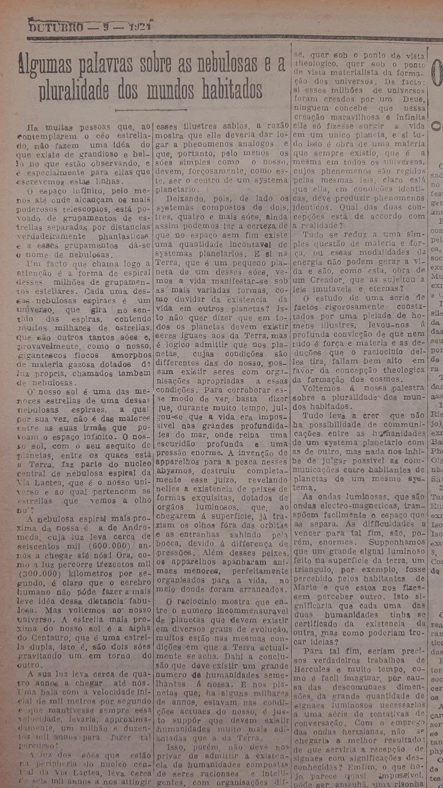 Extenso artigo de Amaro de A. Villanova especial para o Correio debatia os avan&ccedil;os da astronomia e os novos conceitos sobre o tamanho do universo, repercutindo os estudos de dois cientistas americanos a respeito das nebulosas