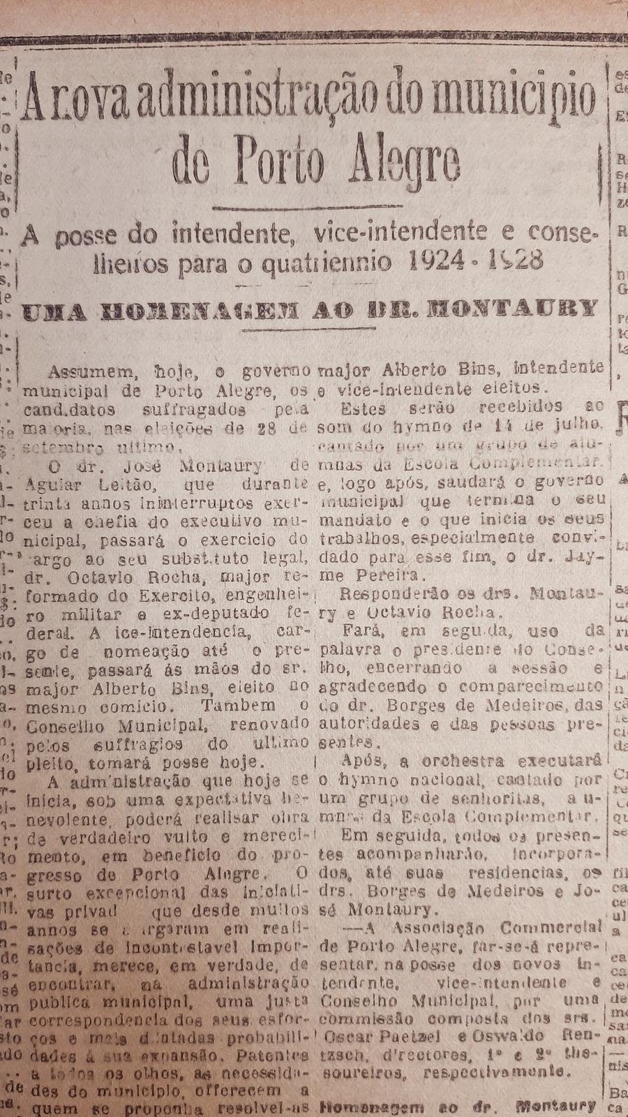 Ap&oacute;s 27 anos, o intendente Jos&eacute; Montaury deixava o cargo m&aacute;ximo da cidade. Ot&aacute;vio Rocha, escolhido em pleito algumas semanas antes, toma posse e uma fase da hist&oacute;ria porto-alegrense se encerra