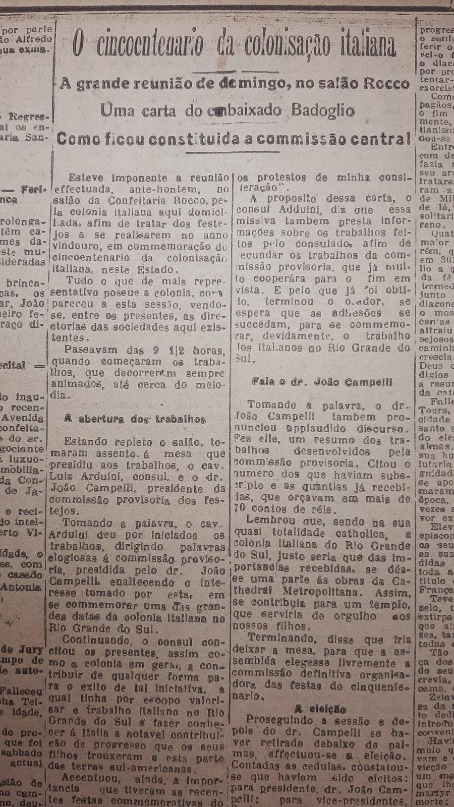 Uma animada reuni&atilde;o na tradicional Confeitaria Rocco marcou deu a largada para a organiza&ccedil;&atilde;o dos festejos dos cinquenta anos da imigra&ccedil;&atilde;o italiana em larga escala no Rio Grande do Sul, iniciada oficialmente em 1875