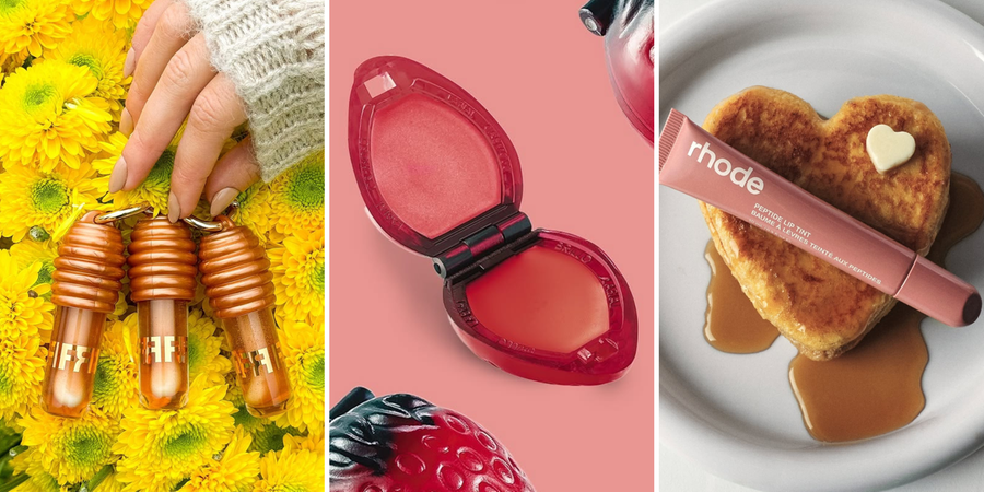 LipHoney, da FRAN, Brilho Labial Moranguinho, da Avon, e Peptide Liptin, da Rhode, respectivamente