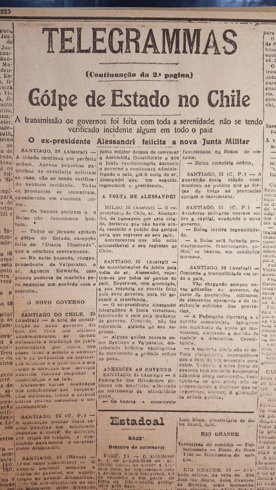 As not&iacute;cias comunicavam que, mesmo atravessando o segundo golpe militar em quatro meses, o Chile teve um dia tranquilo, com manifesta&ccedil;&otilde;es festivas pelo anunciado retorno do presidente constitucional ao pa&iacute;s. Apesar disso, a volta de Alessandri ao cargo ainda n&atilde;o estava garantida, e o presidente, que se encontrava em ex&iacute;lio na Europa, negociava condi&ccedil;&otilde;es para reassumir o comando do pa&iacute;s