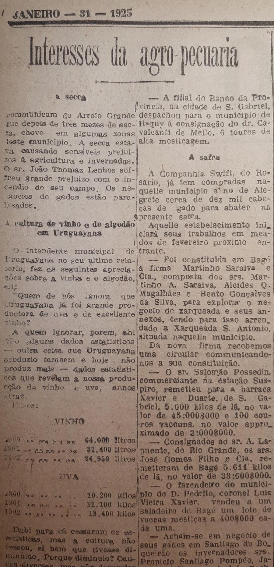 Apesar de situada fora das tradicionais regi&otilde;es produtoras de uva e vinho, Uruguaiana exibia nas d&eacute;cadas iniciais do s&eacute;culo XX uma orgulhosa cultura vin&iacute;cola. O relat&oacute;rio de 1924 da intend&ecirc;ncia municipal afirmava que essa produ&ccedil;&atilde;o se devia sobretudo &agrave; iniciativa de importantes figuras locais, entre eles o italiano Luiz Bettinelli