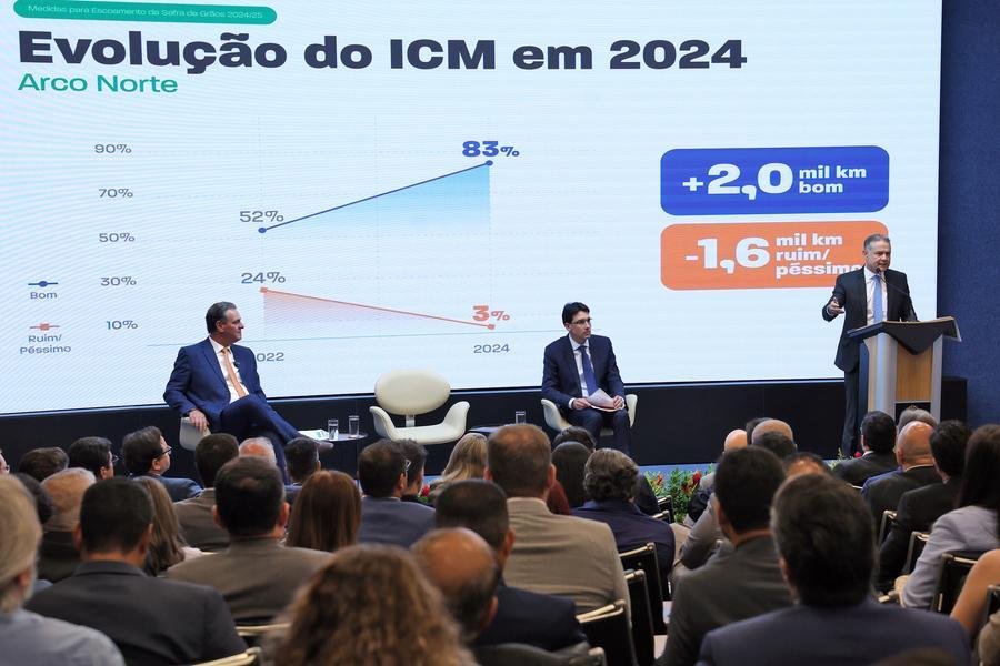 Ministro da Agricultura e Pecu&aacute;ria, Carlos F&aacute;varo, ministro dos Transportes Renan Filho e o ministro de Portos e Aeroportos Silvio Costa Filho durante an&uacute;ncio do Plano de Escoamento da Safra 2024/2025