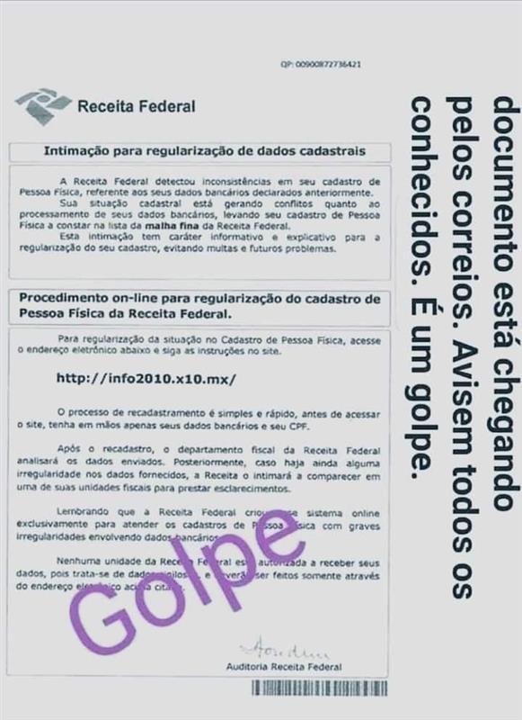 Receita alerta para golpe dado atrav&eacute;s de carta falsa