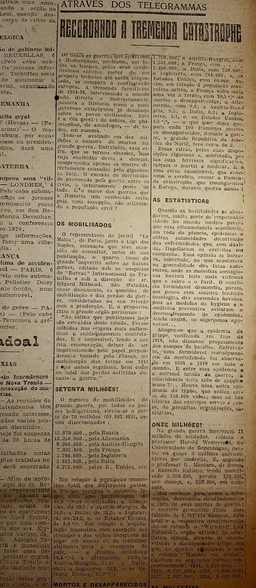 Uma d&eacute;cada ap&oacute;s o in&iacute;cio da grande conflagra&ccedil;&atilde;o mundial, os n&uacute;meros e cifras da Primeira Guerra continuam emergindo e assombrando a civiliza&ccedil;&atilde;o com sua brutalidade. O Correio reproduziu em maio de 1925 as informa&ccedil;&otilde;es do franc&ecirc;s Le Matin sobre um abrangente estudo que contabilizou todo o horror do conflito