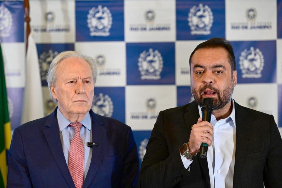 Cl&aacute;udio Castro em coletiva ao lado do ministro Ricardo Lewandowski