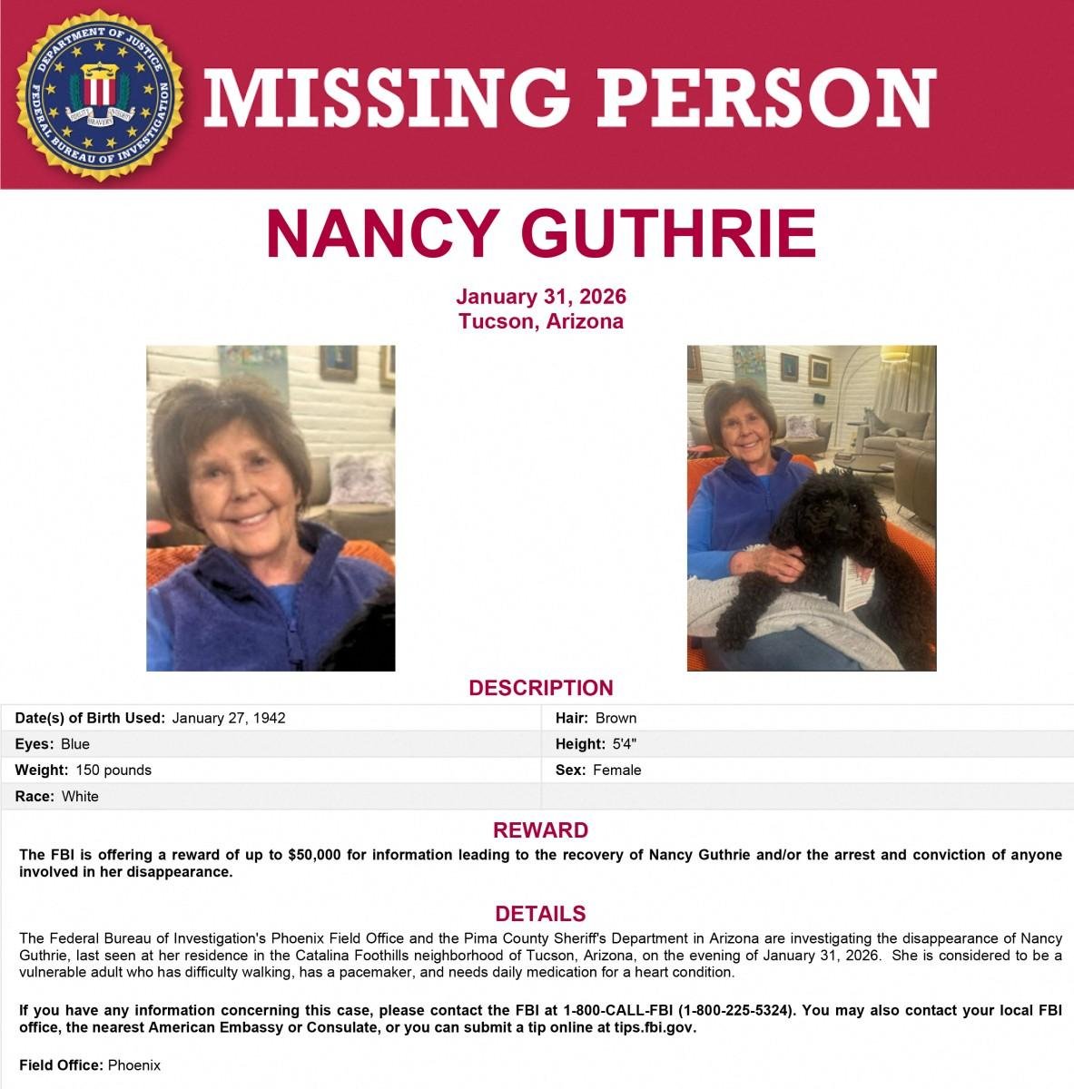 Nancy Guthrie est&aacute; desaparecida desde o &uacute;ltimo s&aacute;bado