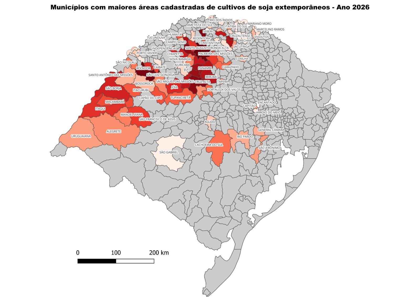 Plantio tardio est&aacute; distribu&iacute;do em 78 munic&iacute;pios, especialmente nas regi&otilde;es Noroeste e Miss&otilde;es