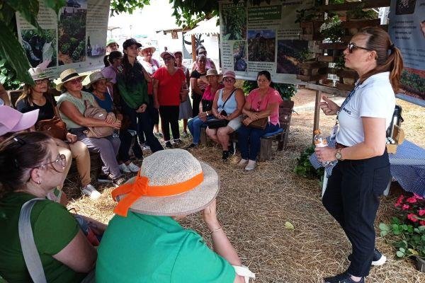 Os extensionistas mostram aos visitantes uma horta cultivada com o uso de produtos homeop&aacute;ticos para combater pragas e doen&ccedil;as