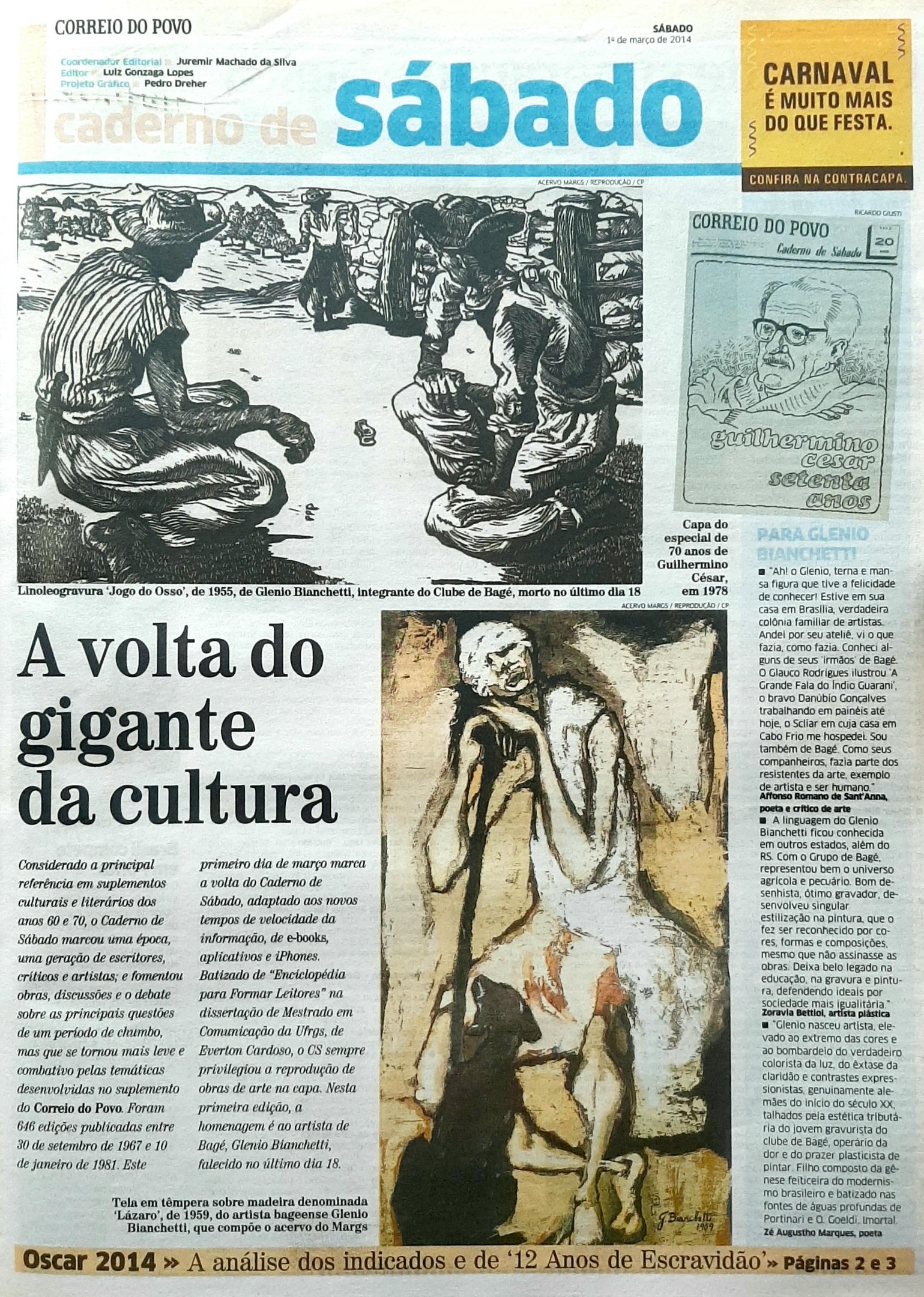 Capa da primeira edi&ccedil;&atilde;o da volta do Caderno de S&aacute;bado ao Correio do Povo em 1&ordm; de mar&ccedil;o de 2014