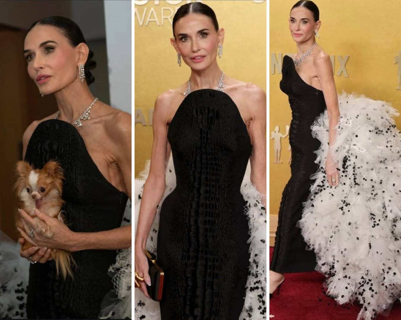 Demi Moore, aos 60 anos, chamou aten&ccedil;&atilde;o pela silhueta extremamente esguia, reacendendo debates nas redes sociais