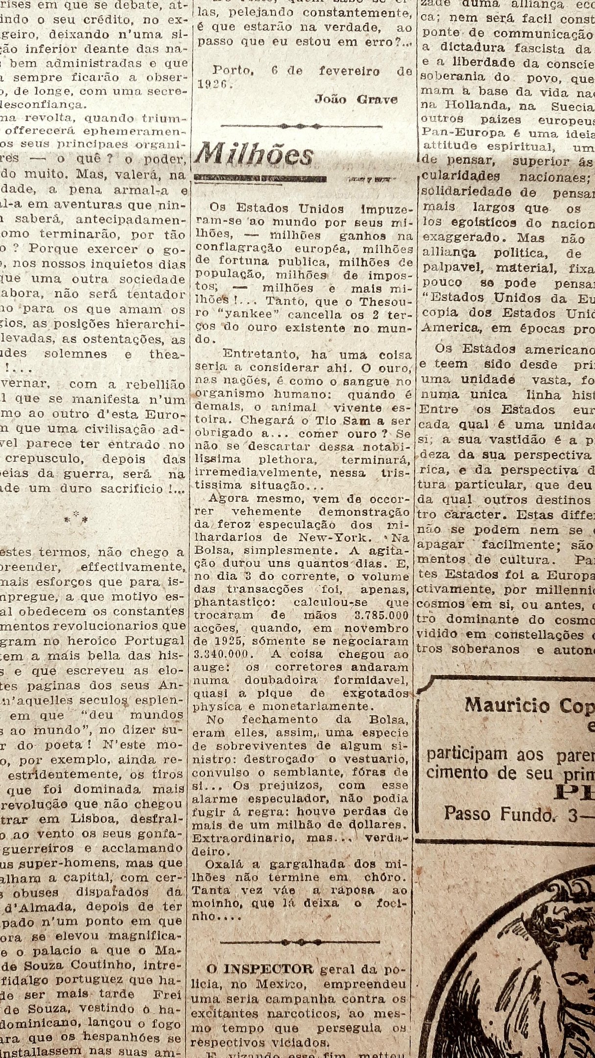 Mais de tr&ecirc;s anos antes do Crash da Bolsa de Nova Iorque, o Correio alertava para os epis&oacute;dios de feroz especula&ccedil;&atilde;o financeira