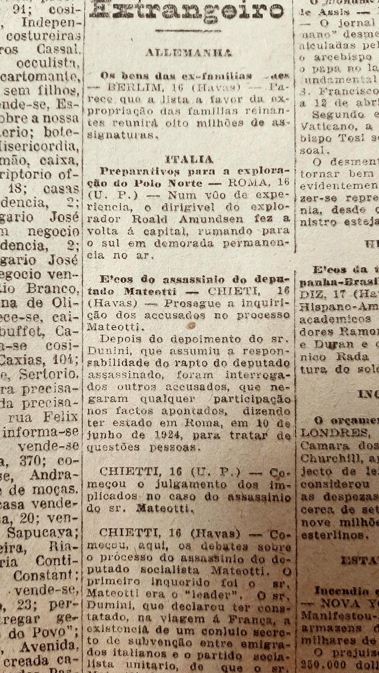 O pol&iacute;tico socialista foi morto em 1924 por elementos de grupos fascistas possivelmente a mando de Mussolini
