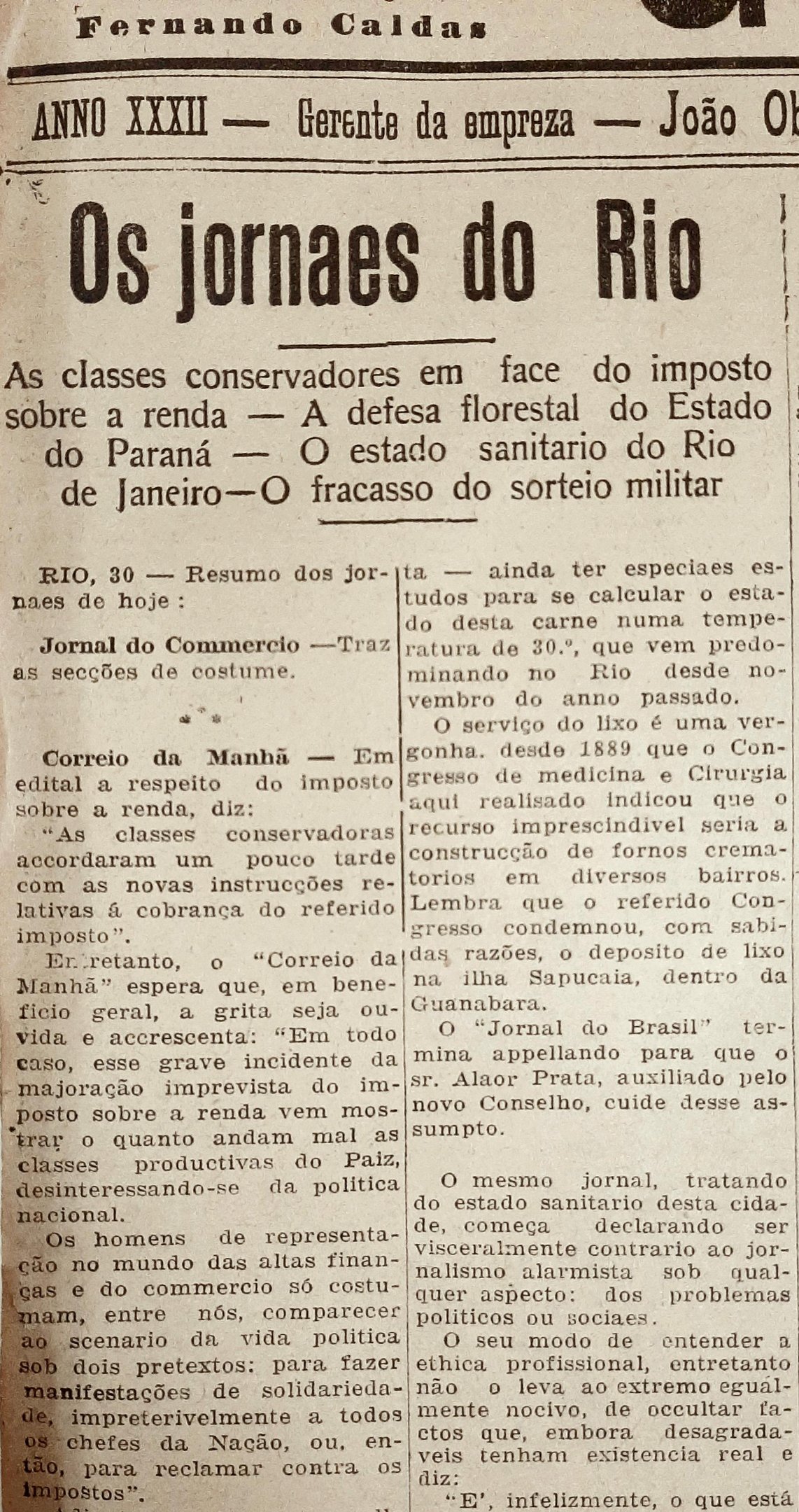 O di&aacute;rio carioca elenca as defici&ecirc;ncias dos servi&ccedil;os p&uacute;blicos municipais da ent&atilde;o capital nacional em termos veementes
