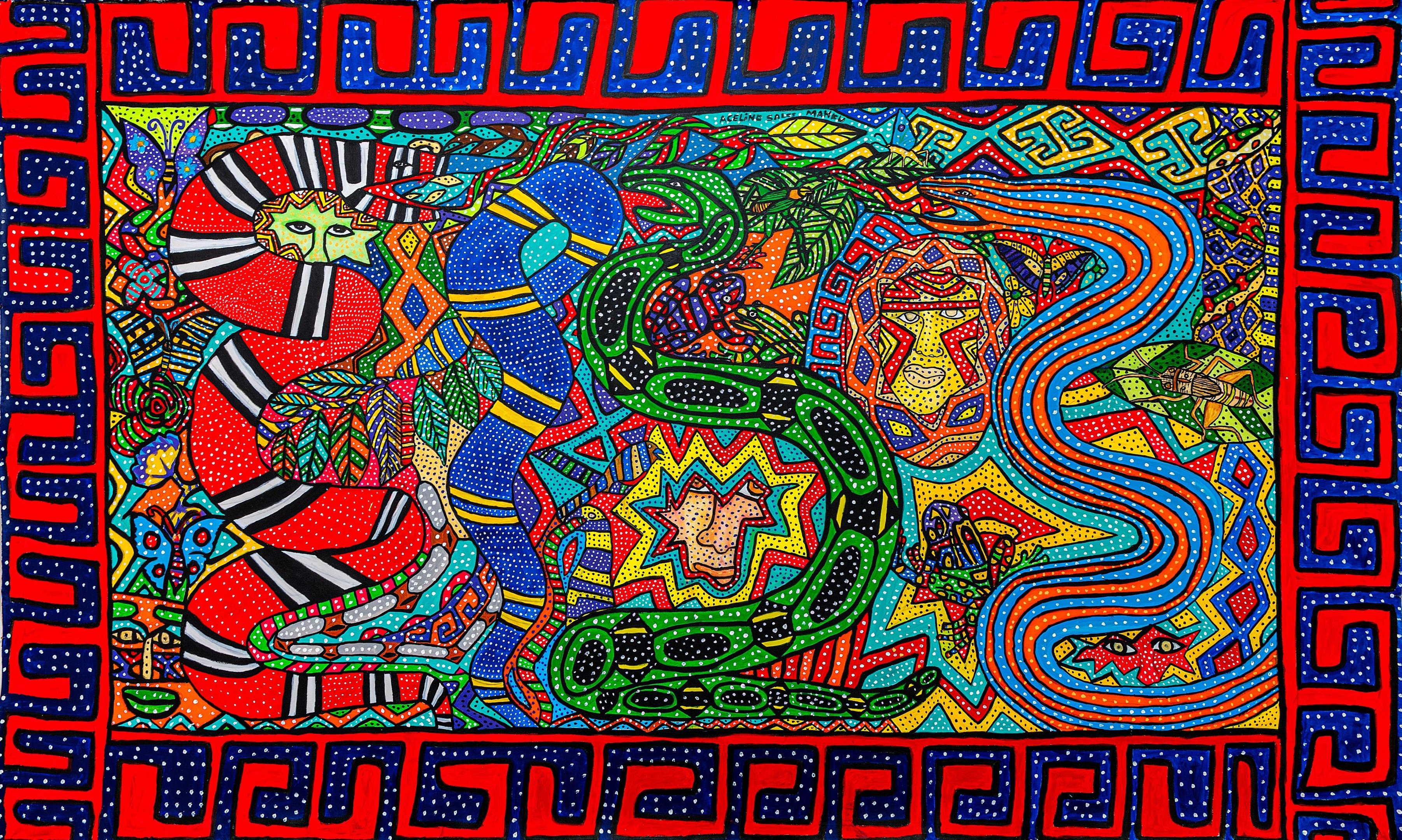 Obra do coletivo MAHKU (Movimento dos Artistas Huni Kuin) que integra a exposi&ccedil;&atilde;o "MAHKU &ndash; Vende tela, compra terra"