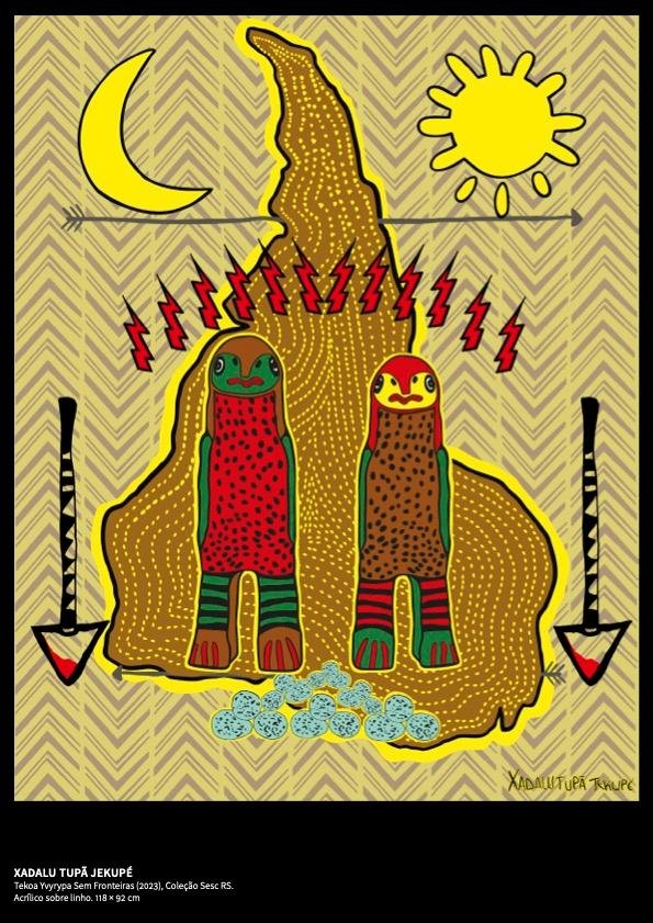 O artista convidado para ilustrar o material &eacute; Xadalu Tup&atilde; Jekup&eacute;. O p&ocirc;ster com a obra "Tekoa Yvyrypa Sem Fronteiras (2023)", pode ser baixado gratuitamente pelo p&uacute;blico no site do Banrisul Cultural