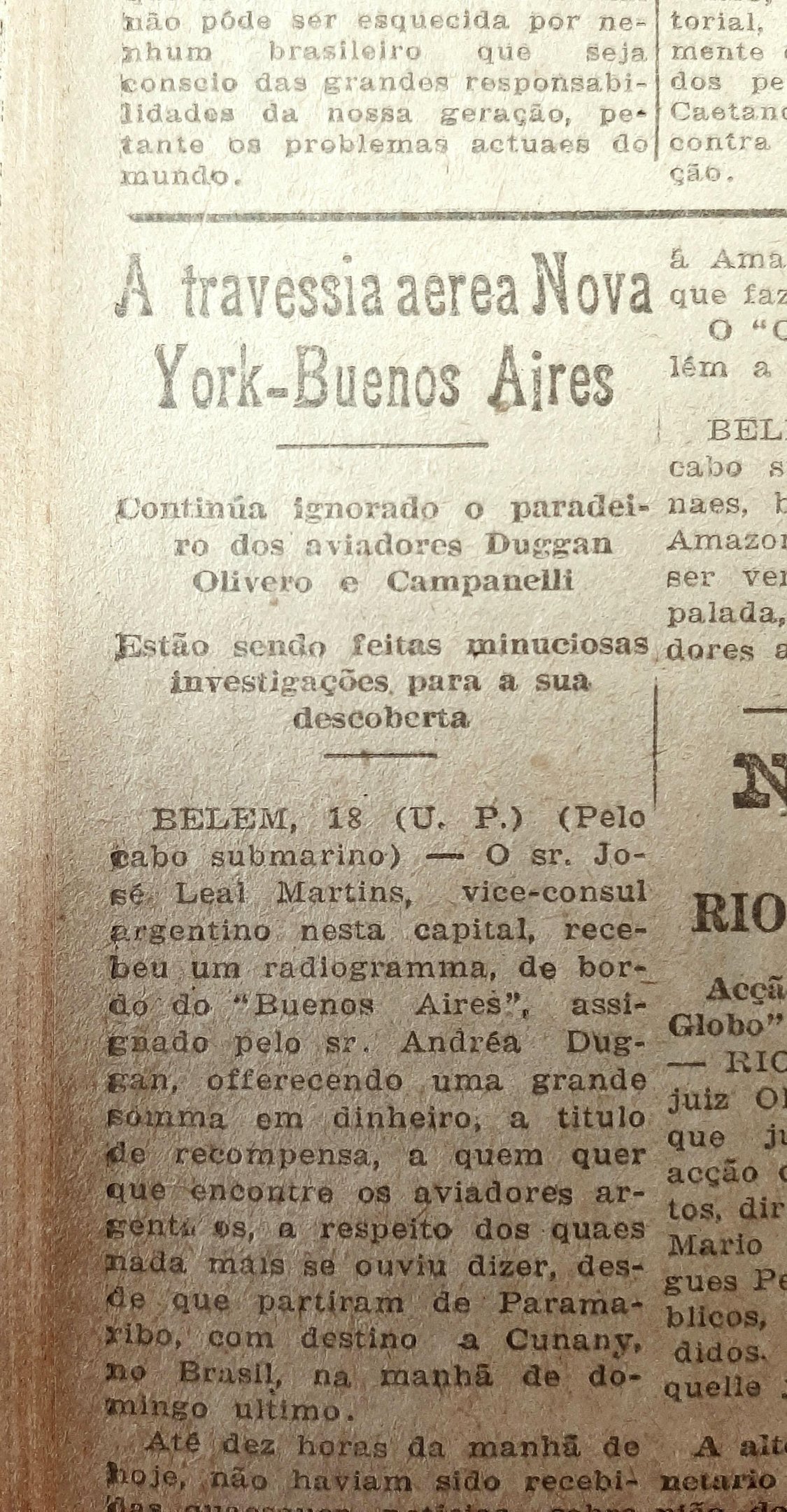 O hidroavi&atilde;o Buenos Aires desapareceu ao entrar no territ&oacute;rio brasileiro vindo da Guiana Francesa durante o "raid" de Nova Iorque at&eacute; a capital argentina