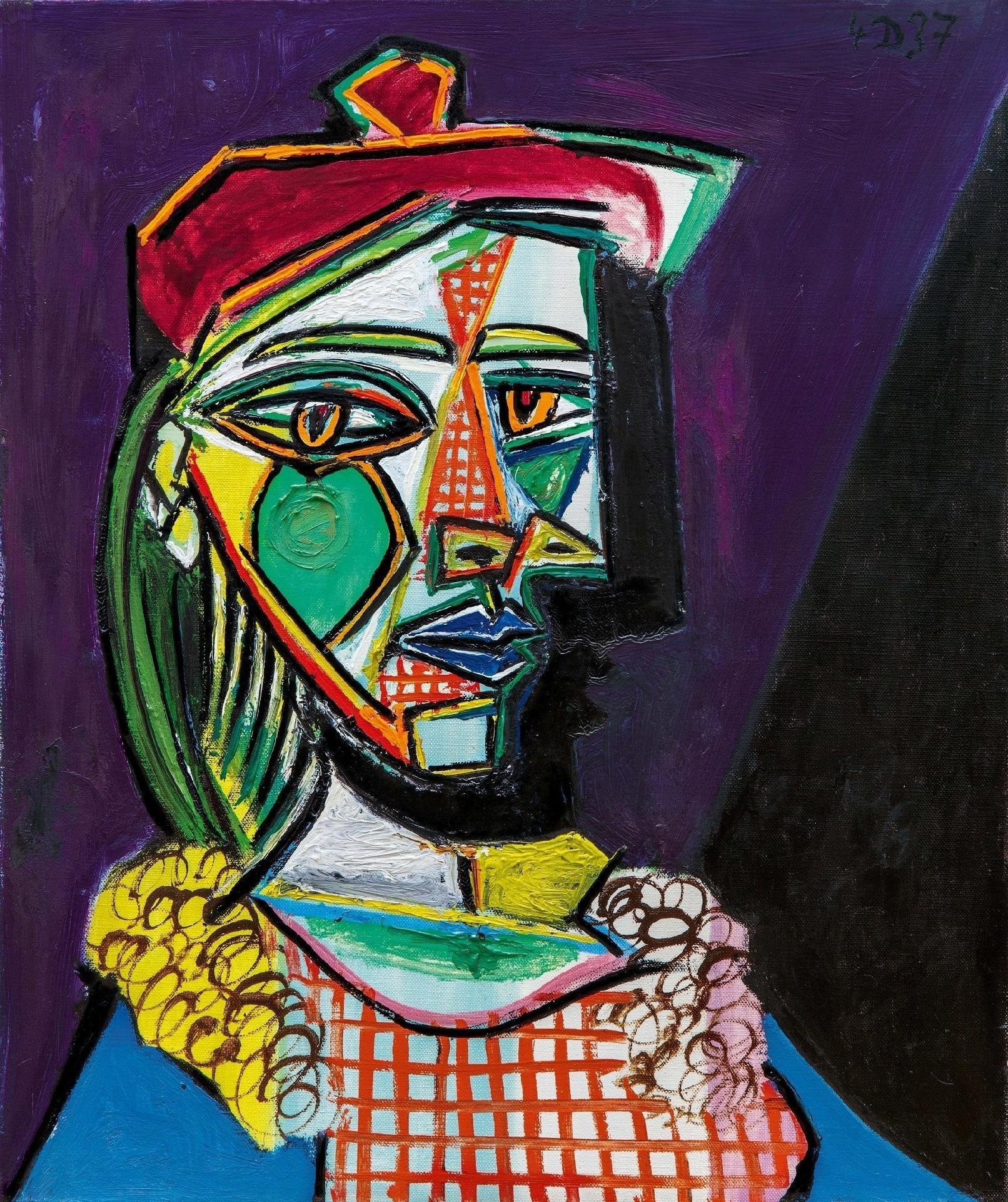 A pintura fazia parte de s&eacute;rie de retratos de Marie-Th&eacute;r&egrave;se Walter, amante de Picasso. A obra acima, "Mulher com boina e vestido xadrez", tamb&eacute;m pertence &agrave; s&eacute;rie