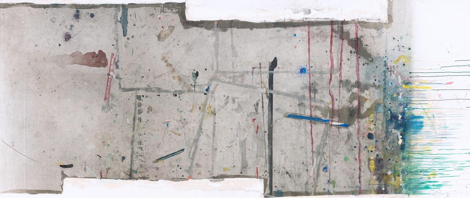 Obra de Frantz (mista sobre tela, 2026, 160x390cm (tr&iacute;ptico) na mostra 'Escada para o c&eacute;u'