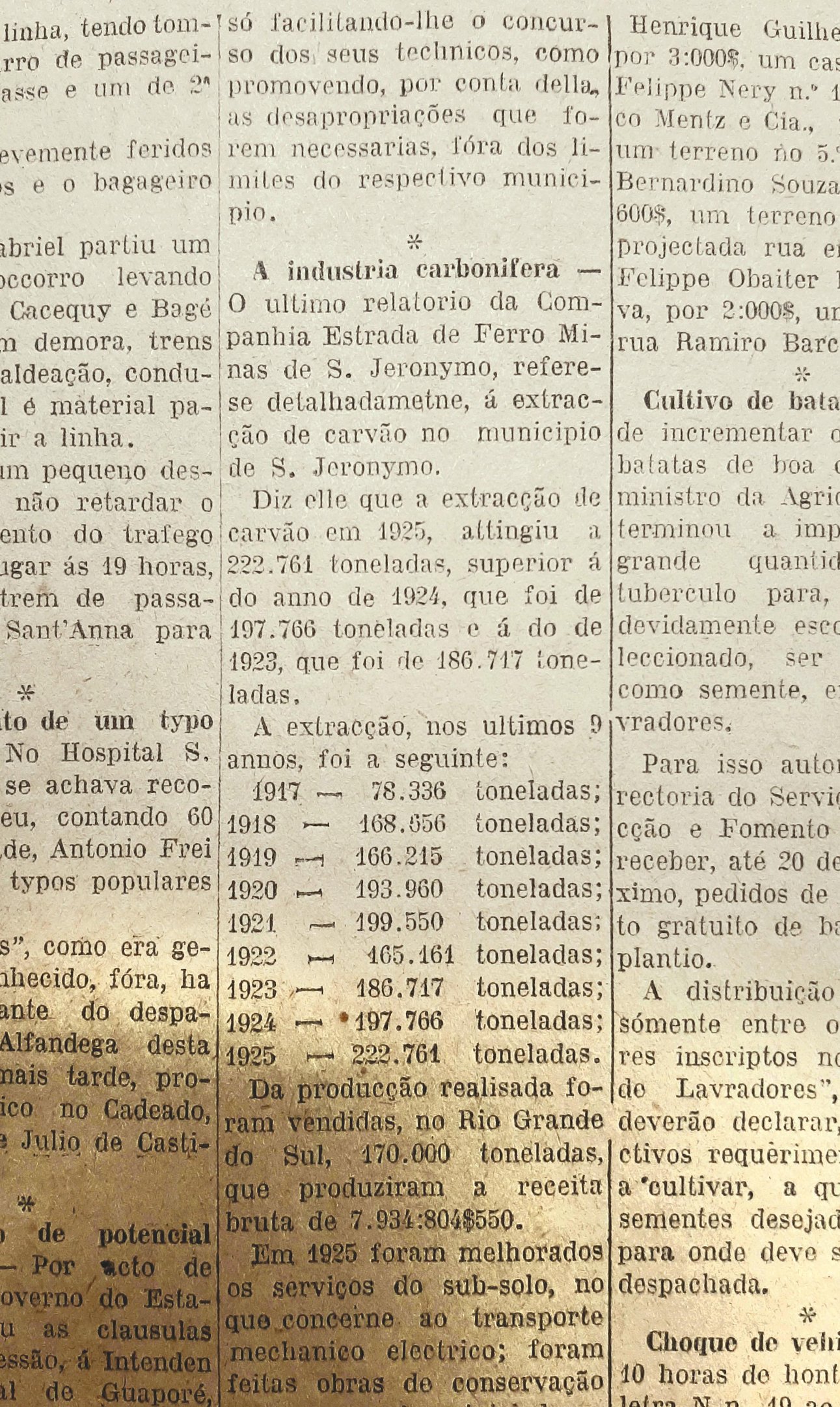 Entre as d&eacute;cadas de 1920 e 1950, a ind&uacute;stria carbon&iacute;fera do Estado atingiu seu &aacute;pice
