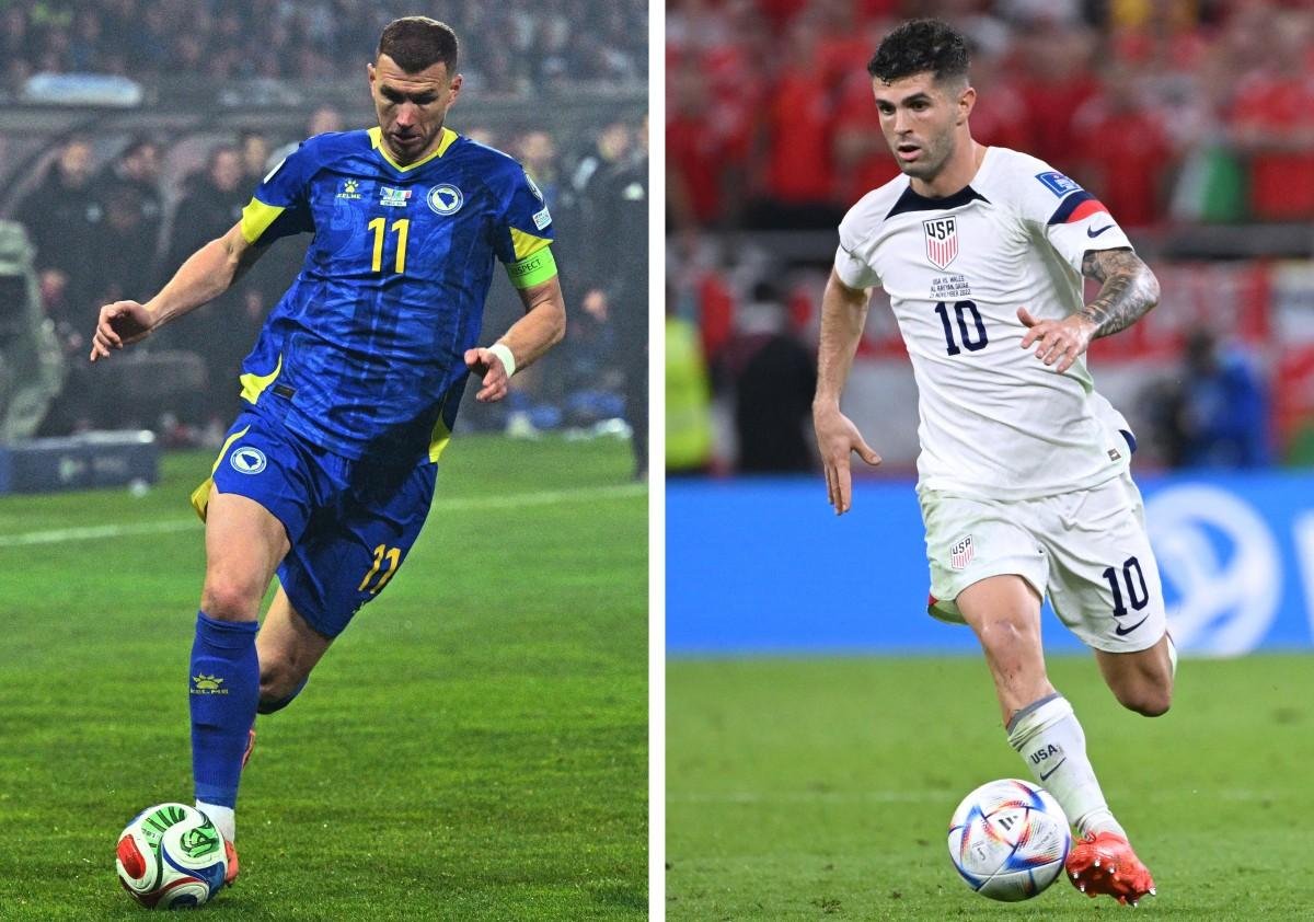 Edin Dzeko, 40 anos pela Bosnia, tem pela frente  Christian Pulisic, de 27 anos, nos EUA