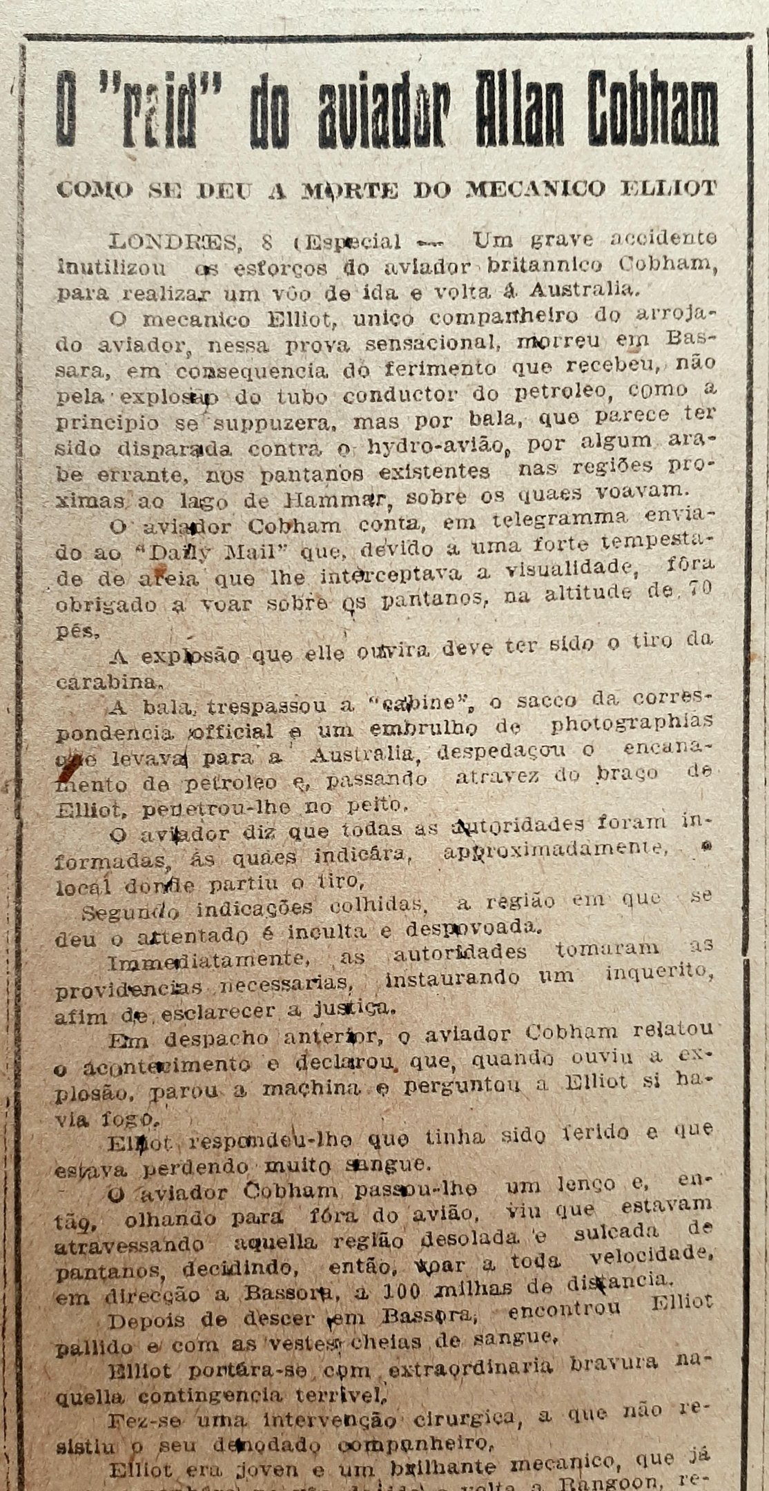 Ao sobrevoar regi&atilde;o pantanosa do sul do Iraque, o hidroavi&atilde;o foi alvejado por tiro que matou o mec&acirc;nico