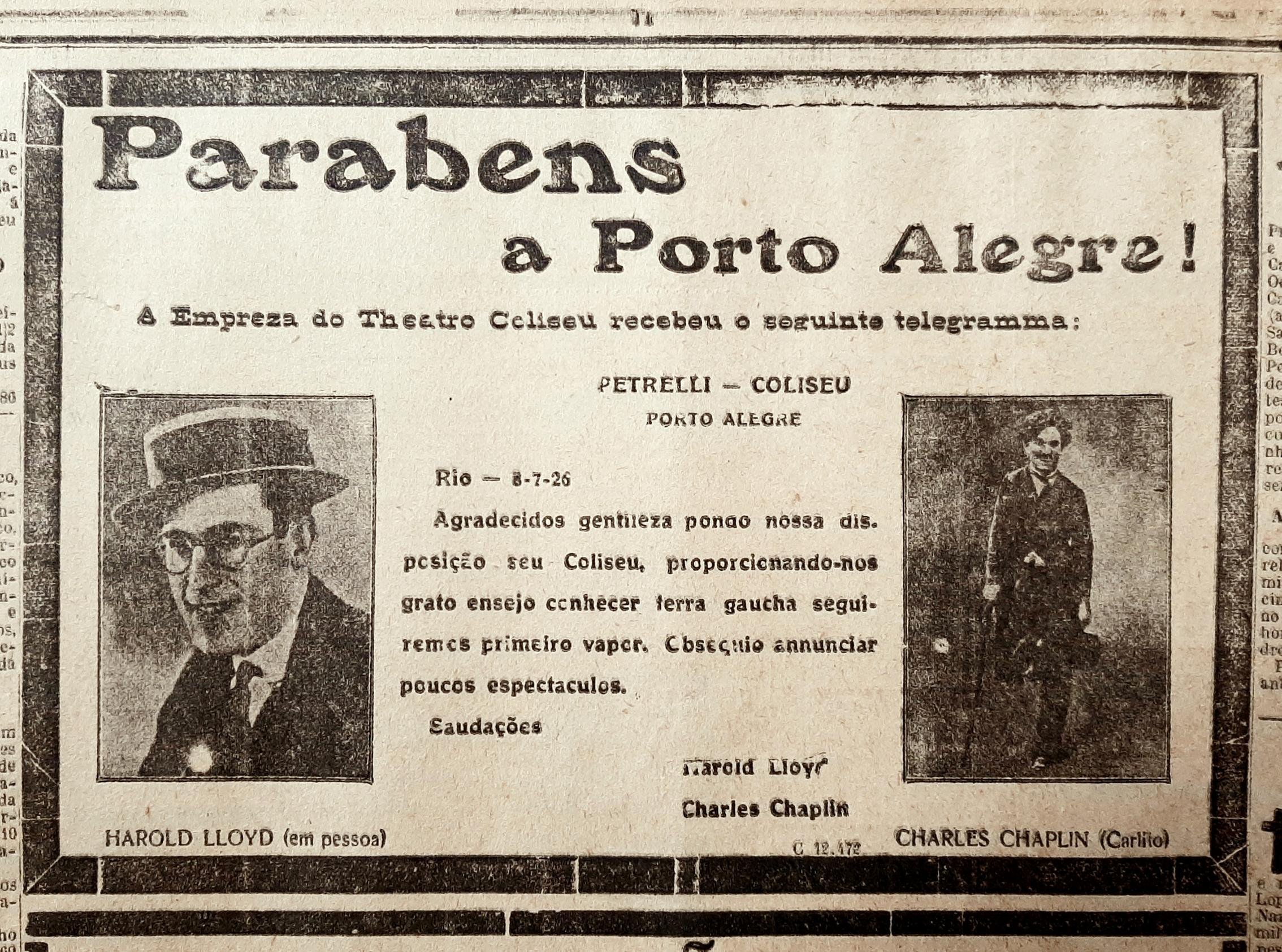 Suposto telegrama das estrelas Harold Lloyd e Charles Chaplin prometia apresenta&ccedil;&atilde;o dos atores em Porto Alegre