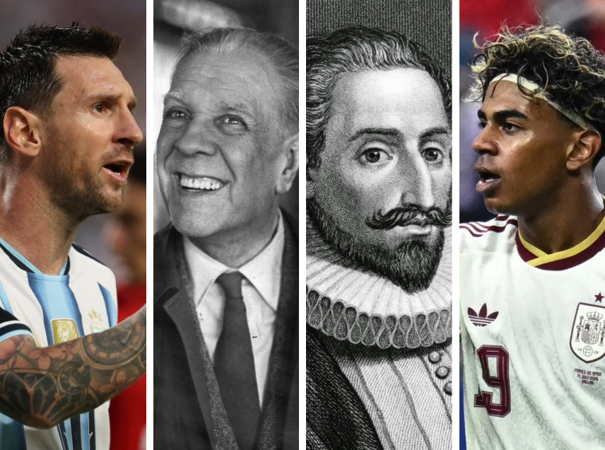 Jorge Luis Borges e Messi representam a Argentina, enquanto Miguel de Cervantes e Lamine Yamal, a Espanha