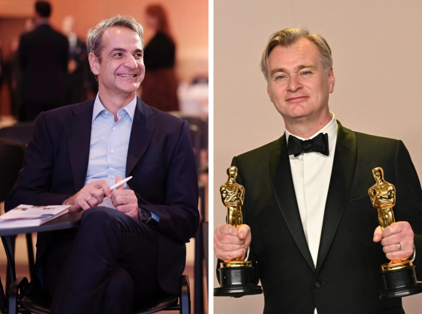 Kyriakos Mitsotakis (E) e o diretor de cinema Christopher Nolan (D)