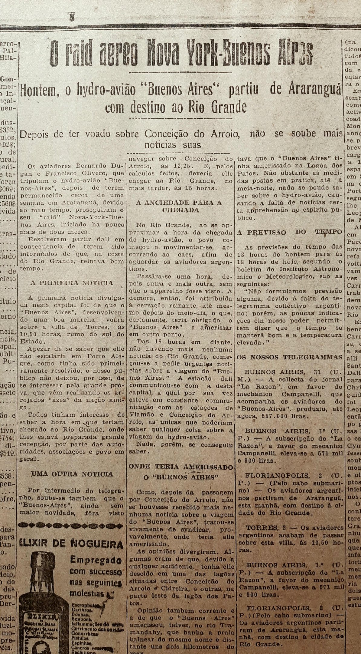 Pr&oacute;ximos de concluir o 'raid' Nova Iorque - Buenos Aires, os aviadores levantaram voo de SC e n&atilde;o chegaram a Rio Grande na data prevista