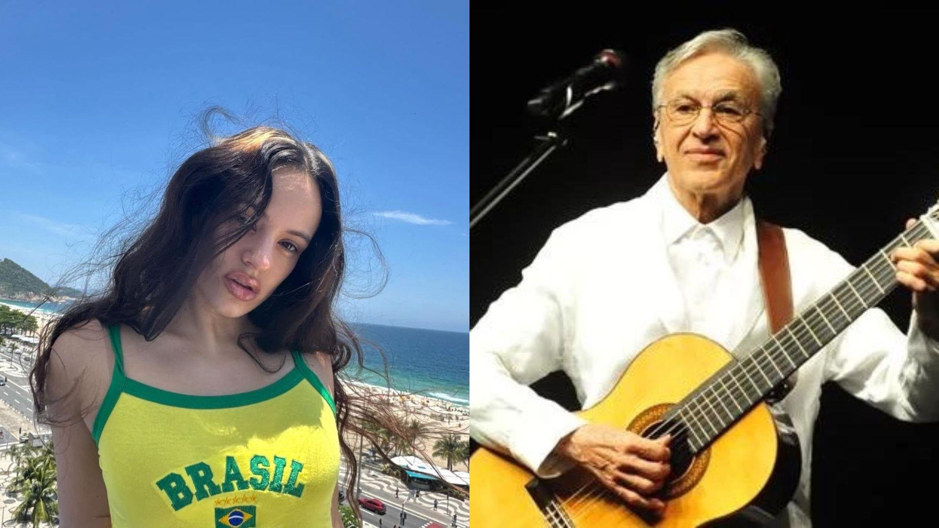 A cantora espanhola Rosal&iacute;a encontrou Caetano Veloso nos bastidores do festival Doce Maravilha